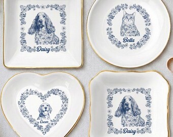 Personalized Pet Jewelry Dish, Custom Dog Cat Ring Dish, Vintage Blue Floral Trinket Tray, Pet Memorial Gift, Custom Pet Name Jewelry Plate