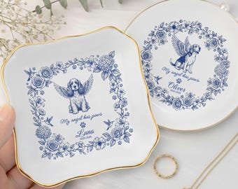 Personalized Pet Memorial Trinket Tray, Angel Dog Keepsake Dish, Custom Pet Loss Gift, Ceramic Jewelry Dish, Sympathy Gift for Dog Lovers
