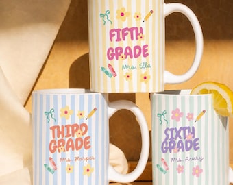 Personalized Grade Level Teacher Mug, Custom Teacher Name Mug, Pastel Striped Coquette Mug, Back to School Gift, Teacher Appreciation Mug
