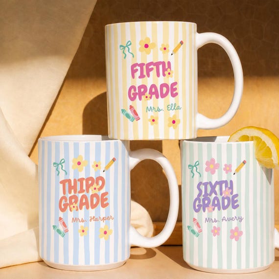 Personalized Grade Level Teacher Mug, Custom Teacher Name Mug, Pastel Striped Coquette Mug, Back to School Gift, Teacher Appreciation Mug