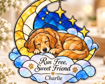 Personalized Pet Sleep Memorial Ornament, Custom Dog Stained Glass Ornament, Rainbow Bridge Pet Loss Keepsake, Beagle Remembrance Gift