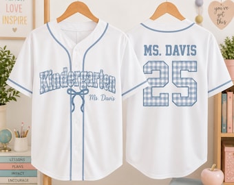 Custom 1st Grade Teacher Baseball Jersey Shirt, Personalized Name and Number Shirt, Coquette Gingham Bow Shirt, Back to School Teacher Gift