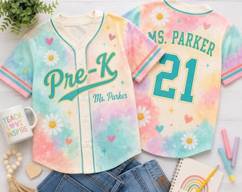 Custom Pre-K Teacher Baseball Jersey, Personalized Name and Number Shirt, Pastel Watercolor Daisy Top, Back to School Teacher Gift