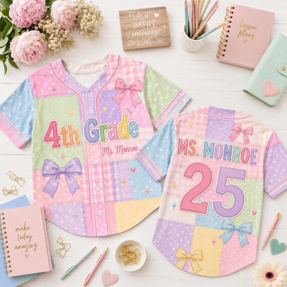 Custom Teacher Baseball Jersey, Personalized Teacher Name Baseball Jersey, Pastel Faux Patchwork Bow Shirt, Back to School Teacher Gift