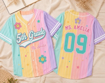 Personalized Grade Level & Name Baseball Jersey, Custom Teacher Pinstripe Shirt, Pastel Rainbow Baseball Jersey, Back to School Teacher Gift