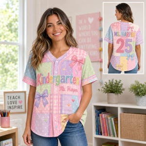 Custom Teacher Baseball Jersey, Personalized Teacher Name Baseball Jersey, Pastel Faux Patchwork Bow Shirt, Back to School Teacher Gift image 4