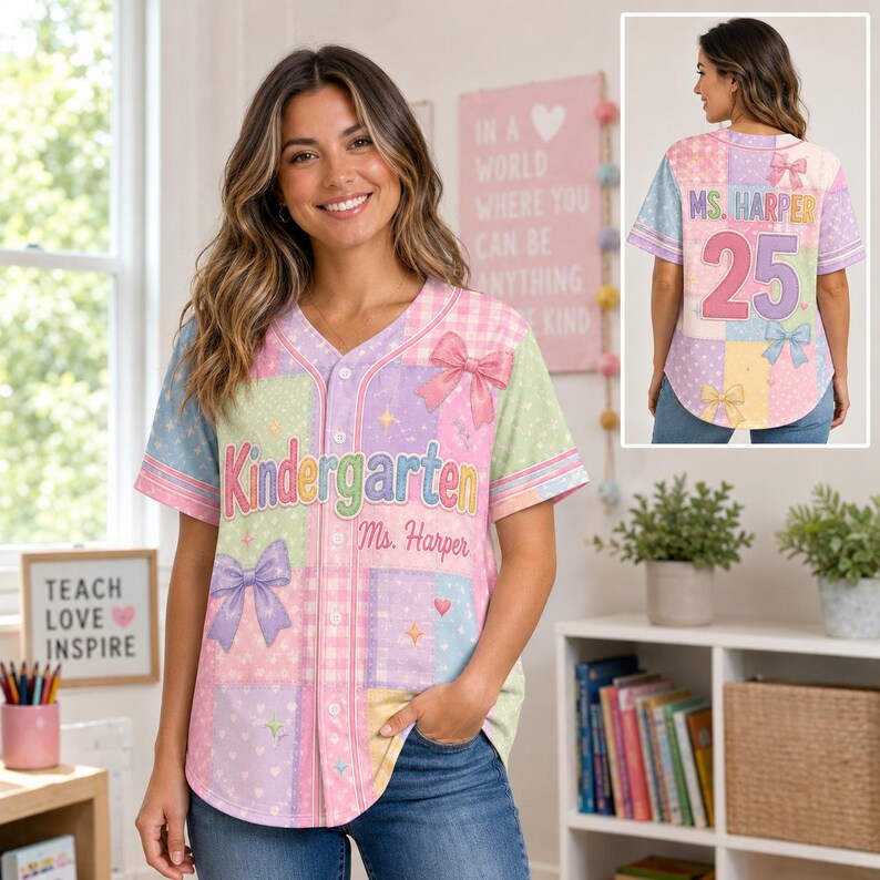 Custom Teacher Baseball Jersey, Personalized Teacher Name Baseball Jersey, Pastel Faux Patchwork Bow Shirt, Back to School Teacher Gift image 4
