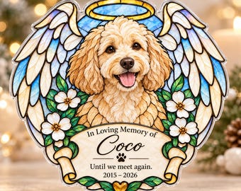 Custom Pet Memorial Ornament, Personalized Dog Loss Stained Glass Ornament, Custom Dog Photo Ornament, Angel Wings Rainbow Bridge Ornament
