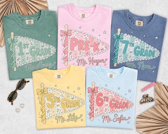 Custom Grade Level Shirt, Personalized Teacher Comfort Colors Shirt, Back To School Teacher Team Tee, Coquette Pennant Flag Teacher Shirt