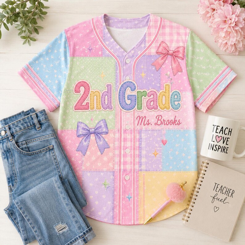 May include: A short-sleeve button-down baseball jersey featuring a pastel patchwork pattern in pink, blue, green, and purple. The front displays the text 2nd Grade and Ms. Brooks, accented with pink and purple bows, small stars, and hearts.