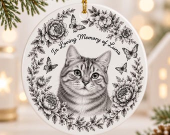 Personalized Toile de Jouy Cat Memorial Christmas Ornament, Custom Pet Portrait Ornament, Pet Loss Sympathy Gift, Dog Mom Ornament