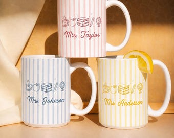 Custom Teacher Name Mug, Personalized Striped Coquette Teacher Mug, Teacher Appreciation Gift, Teacher Coffee Cup, Back to School Gift