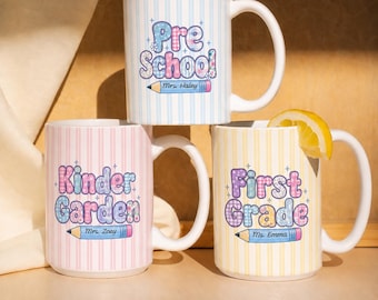 Personalized Grade Teacher Mug, Custom Teacher Name Ceramic Coffee Cup, Coquette Stripe Mug, Back to School Mug, Teacher Appreciation Cup