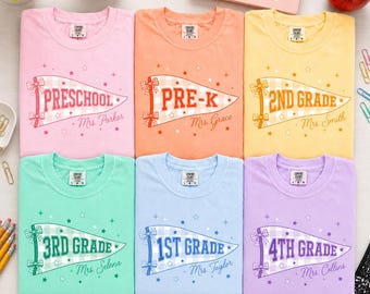 Personalized Pennant Flag Teacher Team Shirt, Comfort Colors Back to School Grade Level Tee, Custom Teacher Name Shirt, Teacher Team Gift