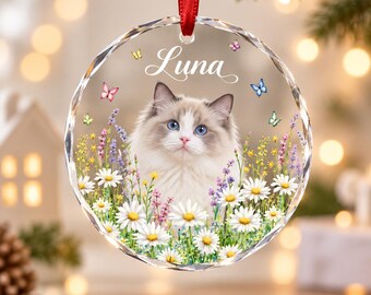 Personalized Cat Photo Ornament, Custom Pet Portrait Christmas Ornament, Floral Cat Keepsake, Cat Lover Gift, Pet Memorial Ornament