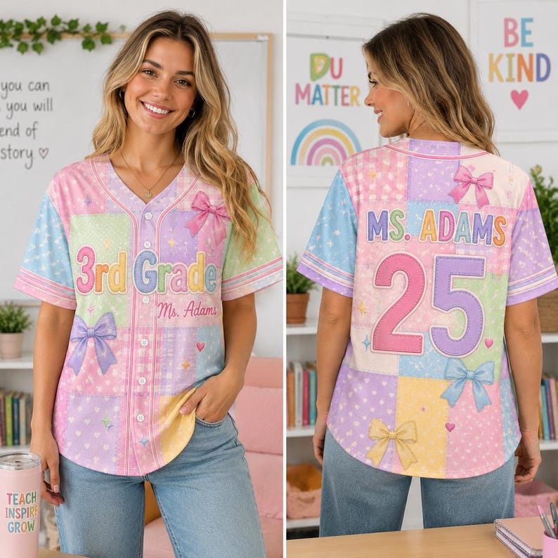 Custom Teacher Baseball Jersey, Personalized Teacher Name Baseball Jersey, Pastel Faux Patchwork Bow Shirt, Back to School Teacher Gift image 6