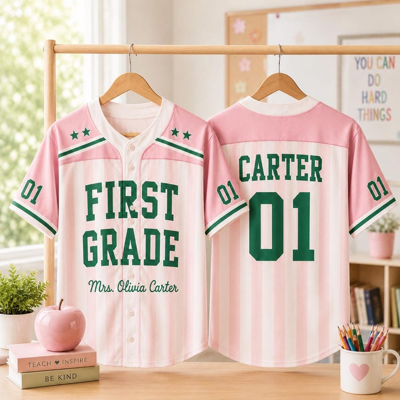 May include: Two button-down baseball jerseys with pink and white vertical stripes, green trim, and dark green lettering. The front displays "FIRST GRADE" and "Mrs. Olivia Carter" with stars. The back features "CARTER" and the number "01".