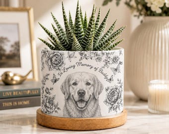 Personalized Toile de Jouy Dog Memorial Ceramic Plant Pot, Custom Pet Portrait Planter, Pet Loss Sympathy Gift, Dog Remembrance Planter