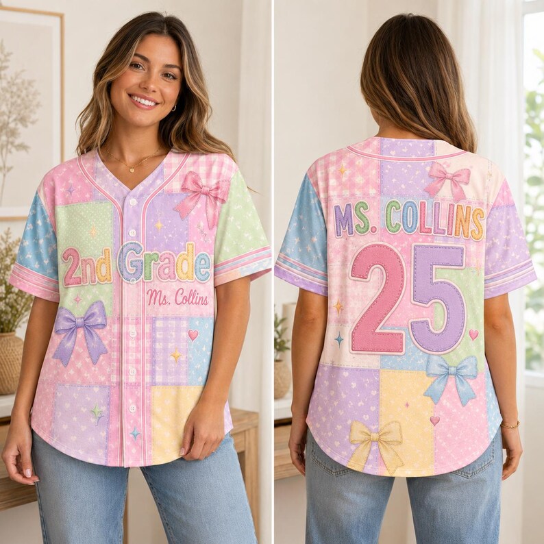 May include: A button-down baseball jersey featuring a pastel patchwork pattern of pink, blue, yellow, and lavender. The front displays the text 2nd Grade and Ms. Collins with bow graphics. The back features Ms. Collins and the number 25.