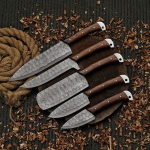 Personalized Hand Forged Damascus Chef Set | Chef Set of 5 pieces with Leather | Groomsman Gift | Anniversary Gift | Christmas Gift