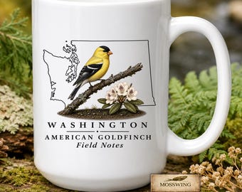 Washington American Goldfinch Ceramic Mug | Coast Rhododendron | Naturecore Gift