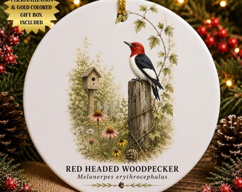 Red-Headed Woodpecker Ceramic Christmas Ornament | Vintage Naturalist Field Guide | Birdwatchers Keepsake Gift for You
