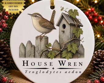 House Wren Ceramic Christmas Ornament | Vintage Naturalist Illustration | Birdwatching Woodland Nature Lover Gift