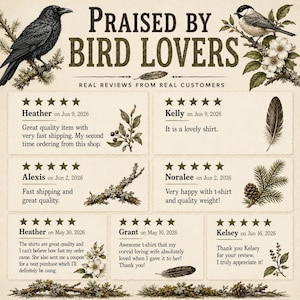 May include: A graphic display titled PRAISED BY BIRD LOVERS featuring six five-star customer reviews. The design includes illustrations of a black crow, a small bird on a flowering branch, feathers, pine cones, and twigs on a cream background.