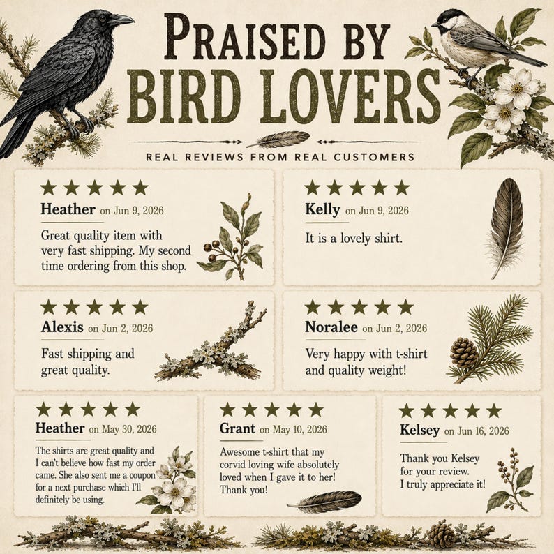May include: A graphic display titled PRAISED BY BIRD LOVERS featuring six five-star customer reviews. The design includes illustrations of a black crow, a small bird on a flowering branch, feathers, pine cones, and twigs on a cream background.