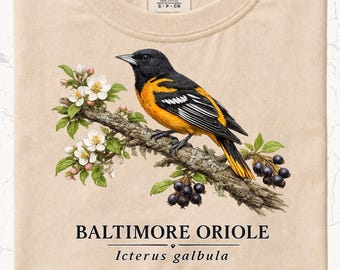 Baltimore Oriole Shirt | Botanical Wildlife Art | Backyard Birder Gift