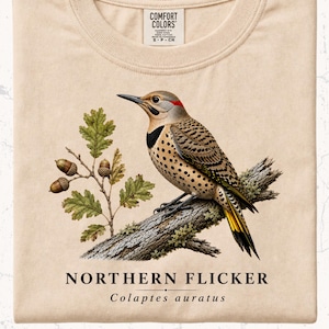 May include: Cream-colored t-shirt featuring a detailed illustration of a Northern Flicker bird perched on a branch with acorns and leaves. The text "NORTHERN FLICKER" and "Colaptes auratus" are printed below the image.