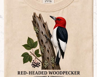 Red Headed Woodpecker Shirt | Bird Watching Tee | Woodland Nature Lover Gift  Vintage Wildlife Art