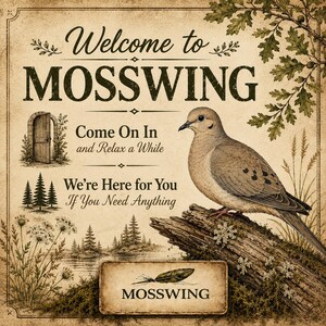 May include: A square decorative sign with a beige background featuring a mourning dove perched on a mossy log. Text reads: Welcome to MOSSWING, Come On In and Relax a While, We're Here for You If You Need Anything. Includes illustrations of a door, trees, and a feather.