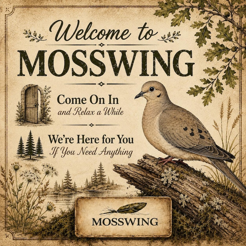 May include: A square decorative sign with a beige background featuring a mourning dove perched on a mossy log. Text reads: Welcome to MOSSWING, Come On In and Relax a While, We're Here for You If You Need Anything. Includes illustrations of a door, trees, and a feather.