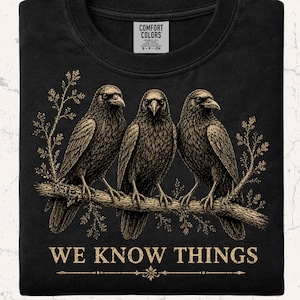 May include: A black t-shirt featuring a graphic of three crows perched on a branch with foliage. The text "WE KNOW THINGS" is printed in a beige, distressed font below the birds. The shirt has a Comfort Colors label at the inner neckline.