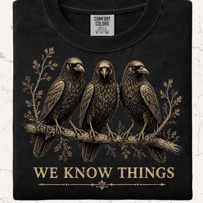 May include: A black t-shirt featuring a graphic of three crows perched on a branch with foliage. The text "WE KNOW THINGS" is printed in a beige, distressed font below the birds. The shirt has a Comfort Colors label at the inner neckline.