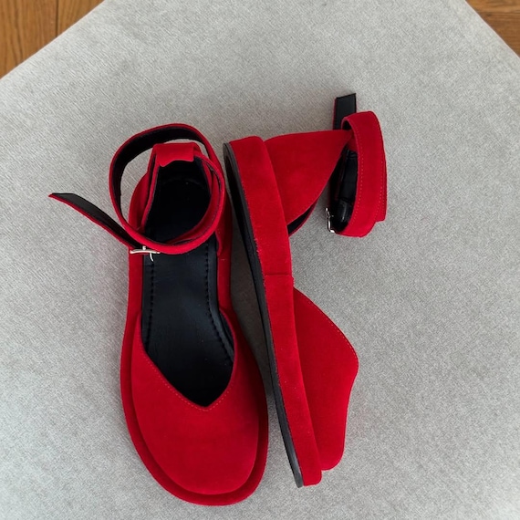 Women Suede Summer Sandals, Handmade Flat Leather Shoes with Ankle Strap, Custom Color Minimalist Footwear