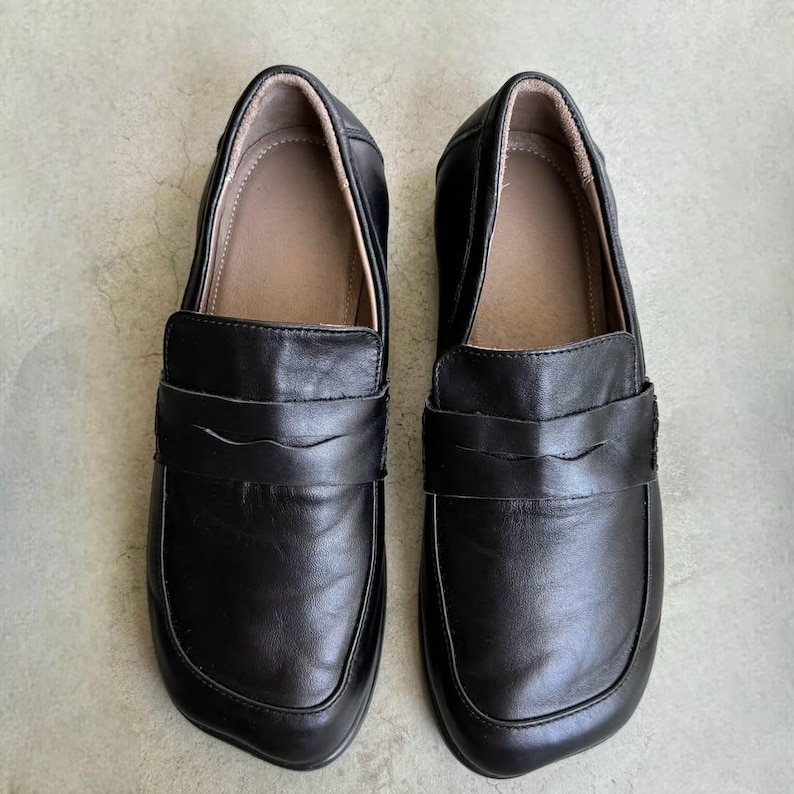 Women’s handmade anatomical leather loafers – black color, square toe, wide fit, comfortable slip-on shoes