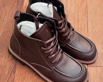 Brown Leather Winter Boots, Handmade Anatomical Ankle Boots, Fur Lined Warm Shoes, Italian Genuine Leather