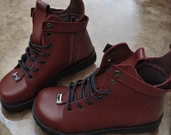 Burgundy Leather Combat Boots for Women, Custom Winter Lace-Up Fashion Boots, Handmade Fur or Fleece Lined Ankle Shoes, Custom Colors