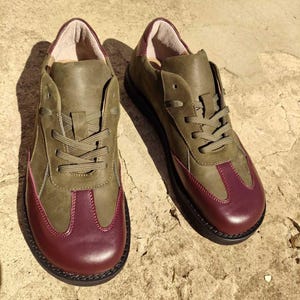 Green and burgundy leather anatomical sneakers – minimalist barefoot unisex shoes