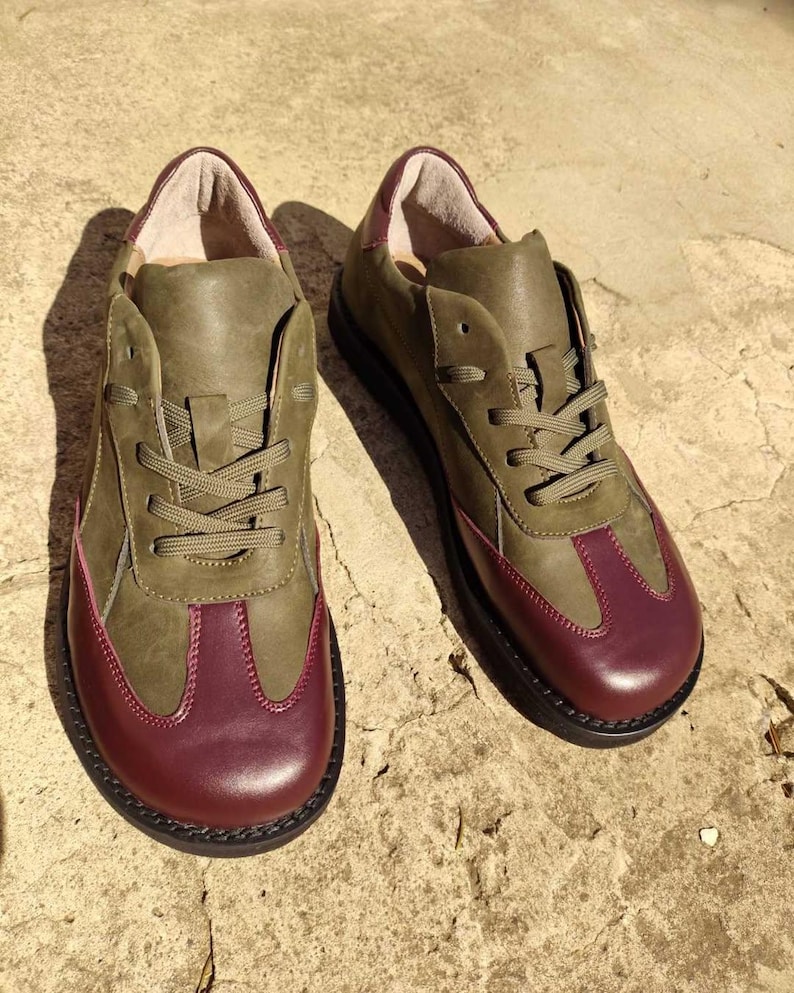 Green and burgundy leather anatomical sneakers – minimalist barefoot unisex shoes