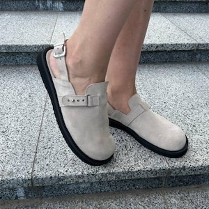beige suede clogs women minimalist wide feet shoes
