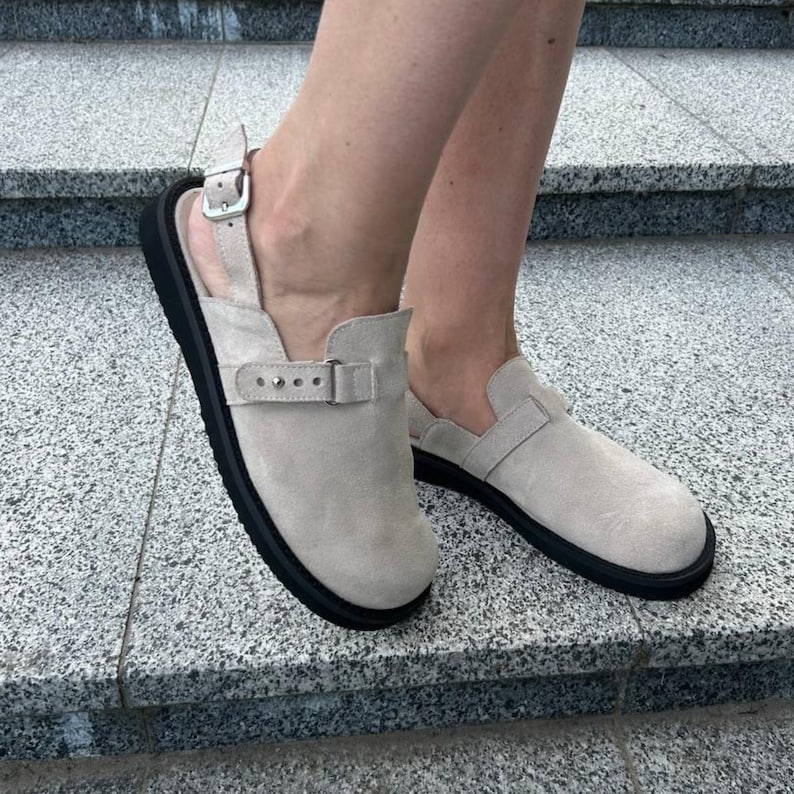 beige suede clogs women minimalist wide feet shoes