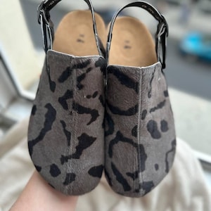 Anatomical suede clogs in grey leopard print with cork sole, handmade comfort shoes