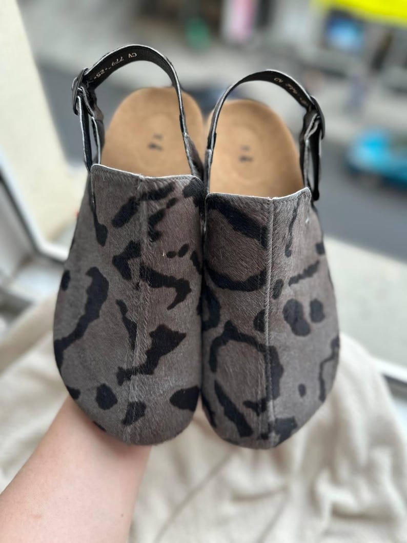 Anatomical suede clogs in grey leopard print with cork sole, handmade comfort shoes