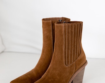 Western Ankle Boots for Women, Pointed Toe Suede Cowboy Boots, Block Heel Leather Boots, Handmade Cowgirl Boots