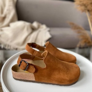 Handmade anatomical clogs in auburn suede with cork sole and leather lining, unisex comfort shoes