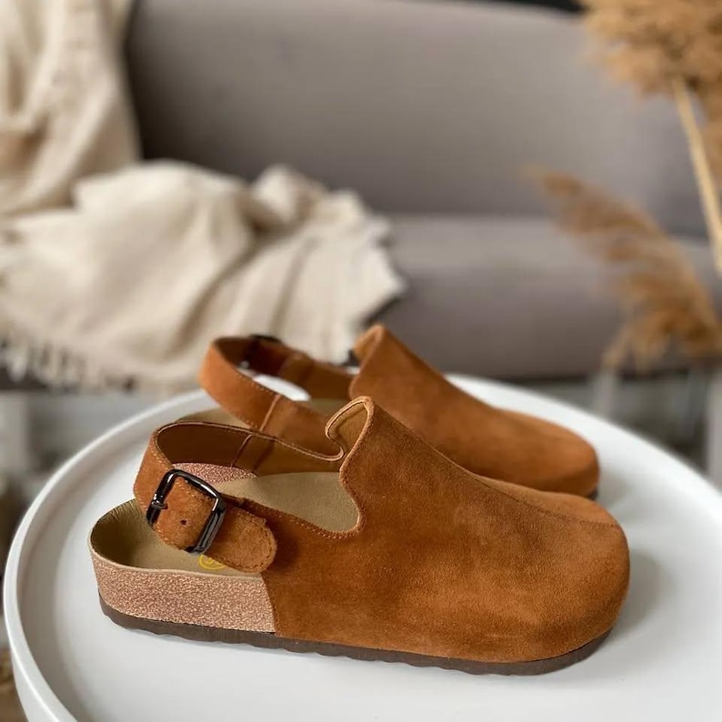 Handmade anatomical clogs in auburn suede with cork sole and leather lining, unisex comfort shoes