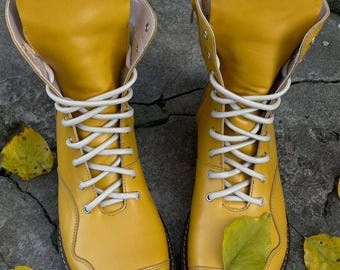 Botas amarillas de piel con cordones para mujer, botas anatómicas de invierno, forradas con forro polar o de piel, suela flexible, botas militares hechas a mano.
